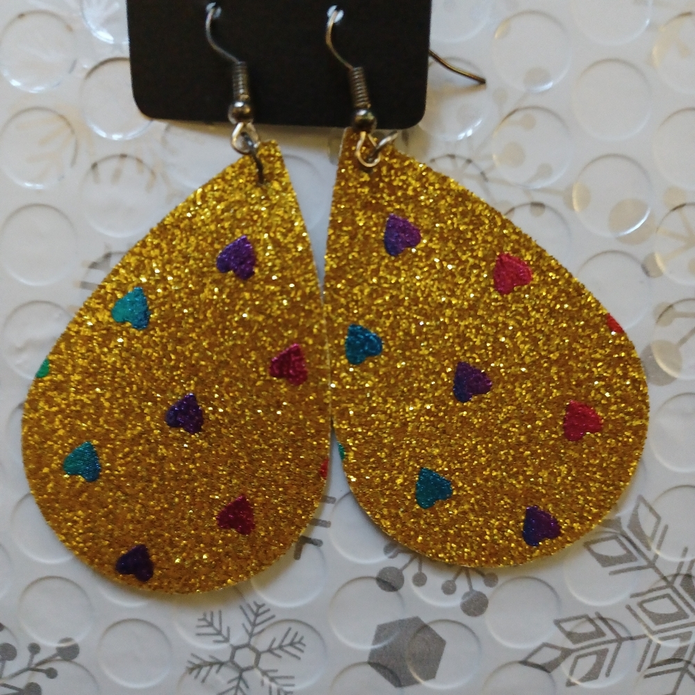Gold glitter with rainbow hearts earrings